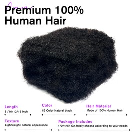 JIFFYLOCS Tight Afro Kinky Bulk Human Hair for Dreadlock Extensions 100% Human Hair,5 Packs 10 Inches Long,Natural Black #1B,Repair Extensions,Making Locs or Braids, with Needles and Hairpin