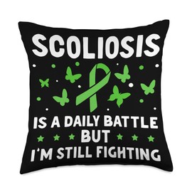 Scoliosis Awareness Month Support Green Ribbon Scoliosis is A Daily Battle Spinal Fusion Spine Surgery Throw Pillow, 18x18, Multicolor