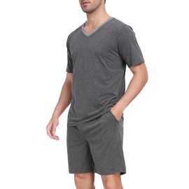 Wikoan Men's Pyjamas Sets Cotton Shorts Pajamas Short Sleeve Top and Shorts Sleepwear Loungewear with Pockets & Drawstring Charcoal Grey,S