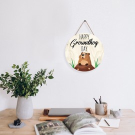 Groundhog Day Round Sign 12x12in - Minimalist Wood Plaque with Wood Texture Background