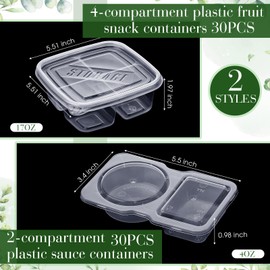 Blushtier 60 Pcs 4oz Double Condiment Snack Containers and 17oz 4 Compartments Small Meal Prep Containers with Lids Disposable Small Stackable Plastic Bento Boxes Travel Lunch Boxes for Sauce Dressing