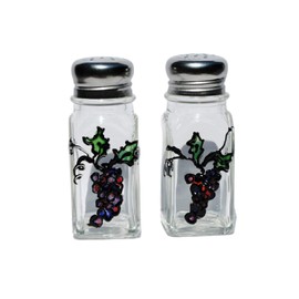 Purple Grapes Leaves Vine Hand Painted Glass Salt and Pepper Shakers Set