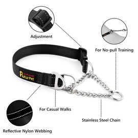Plutus Pet Martingale Dog Collar with Stainless Steel Chain and Reflective Nylon, Adjustable No Pull Training Collar, for Small Medium, and Large Dogs, Black, M