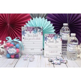Deluxe Winter Snowflake Birthday Party Bundle Includes 20 each of Invitations & Thank You Cards with Envelopes + 2 Different Sizes of Stickers, Mini Candy Bar Wrappers, & Water Bottle Labels!