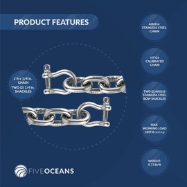 Five Oceans 1/4-Inch x 2-Foot Boat Anchor Lead Chain with Stainless Steel Shackles, High Test G4 Calibrated Stainless Steel Chain- FO4492-S2