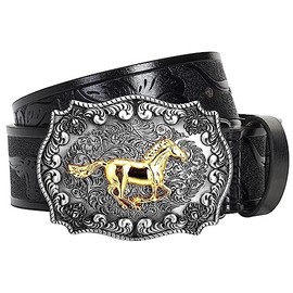 Western-Cowboy Cowgirl Belts for Men Women- PU Leather Floral Pattern Embossed Longhorn Bull Buckle Belts for Jeans