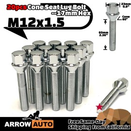 ARROW 20x Chrome 12x1.5 Lug Bolt 60mm Fit Mercedes Aftermarket Rim With 17-22mm Spacer