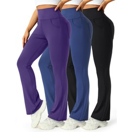 Mlenhor 3 Packs Womens High Waist Flare Pants-Flare Yoga Pants，Yoga Pants with Pockets - High Waist and Wide Leg (US, Alpha, 3X-Large, Regular, Regular, 3 Pack-Purple/Blue/Black)