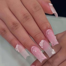 Foccna Press on Nails Medium Long Pearl Gradient Pink Fake Nails Square Bling Glossy 3D Flower False Nail Tips Artificial Nails Finger Manicure for Women and Girls,24pcs