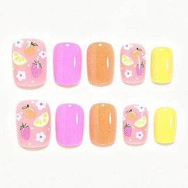 Pink Press on Nails Short Square Fake Nails with Flower Fruits Design Glossy Yellow Glue on Nails Orange Nails Press ons Lemon False Nails Full Cover Stick on Nail Summer Acrylic Nails for Women 24Pcs