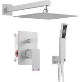 HomGoo Brushed Nickel Shower System, Shower Faucet Set with 12 Inch Rain Shower Head and Handheld, Wall Mounted High-Pressure Shower Head Combo Set with Shower Valve and Shower Trim, Brushed Nickel