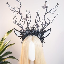 MOSTORY Black Flower Antlers Headband - Gothic Branch Reindeer Ear Headpiece with Butterfly for Renaissance Deer Cosplay, Floral Antler Headband for Renfaire Dark Fairy Costume Women Witch Aesthetic
