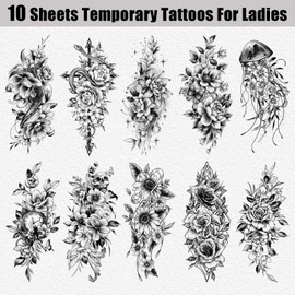 Acevegue Flowers Temporary Tattoos, Realistic Half Arm Fake Tattoo Sleeves for Women Adults, Black Semi Permanent Stick on Tattoos Stickers Transfer Paper for Makeup Accessories Decorations-10 Sheets