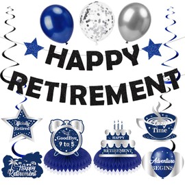 10pcs Police Retirement Party Decorations for Men Women Silver Blue Happy Retirement Banner Balloons Hanging Swirls Table Honeycomb Centerpieces Retired Decorations Supplies for Going Away Party