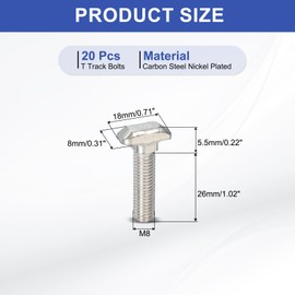 PATIKIL M8 x 28 mm Thread T-Slot Bolts, 20 Pcs Drop-in Bolt Hammer Head T-Bolt Standard 8 mm Sliding Screw Stud for 40 Series Aluminum Extrusion Profile, Silver