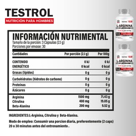 TESTROL. Combo L Arginina Platinum 2100mg por porción 3 en 1 con 1500mg arginina, 400mg citrulina, 200mg beta alanina precursor de NO2 Óxido Nítrico Puro, Bote con 90 cápsulas 2 unidades