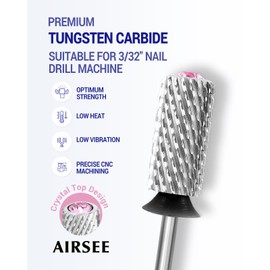 AIRSEE Tungsten Carbide Acrylic Nail Drill Bit Efile Electric File Machine Head Tip for Manicure Polishing Art Remove Gel 3/32" 2 Way Beginner Safety Pink Crystal Top Barrel Extra Coarse-XC