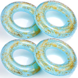 ShinyRelief 4 Pcs Inflatable Glitter Pool Float 30'' Macaron Swim Tube with Gold Confetti Swim Inner Tube for Adults Pool Floats Rings for Summer Beach Swimming Pool Bachelorette Party(Blue)