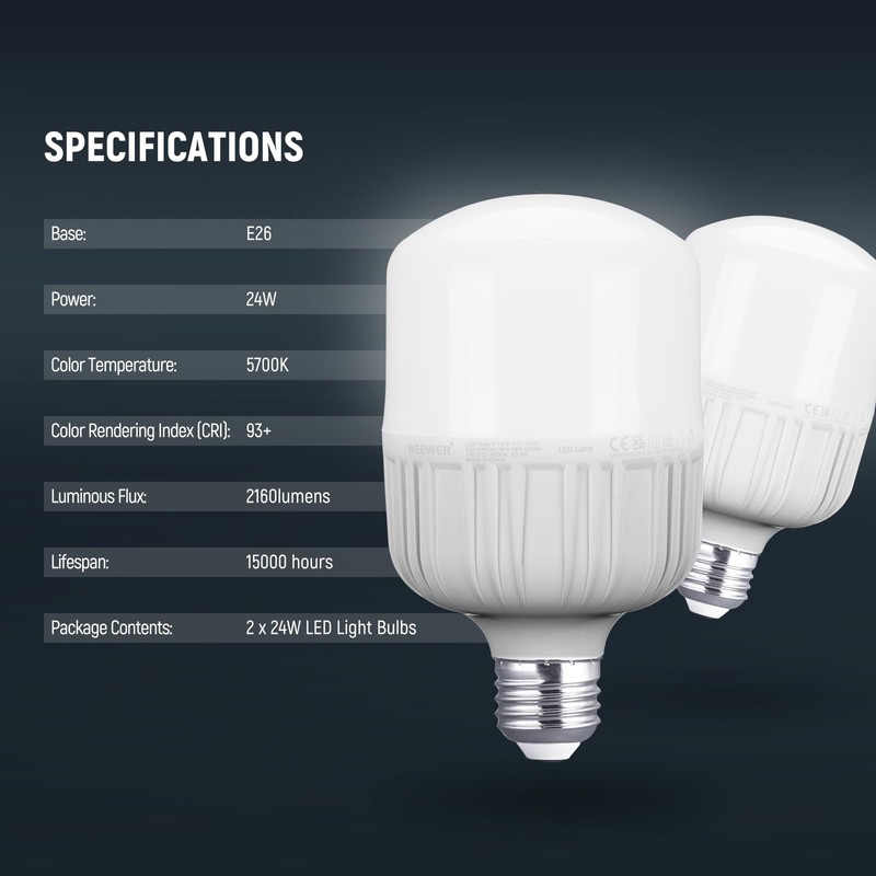Neewer E26 24W LED Light Bulbs, 2 Packs, 2160 Lumens/5700K/CRI