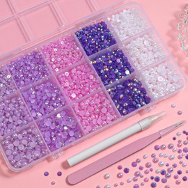 12000 Pcs Purple Flatback Pearl and Rhinestones for Crafting, Mixed Sizes 3/4/5 mm Purple Jelly Resin Rhinestone Pearls for Bedazzling, Half Pearls for Crafts DIY Mugs Makeup Crafts