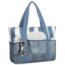 VASCHY Beach Bag for Women, Foldable Waterproof Sandproof Beach Tote with Zipper/Mesh Pockets for Vocation/Cruise/Gym/Travel Stripped Blue White