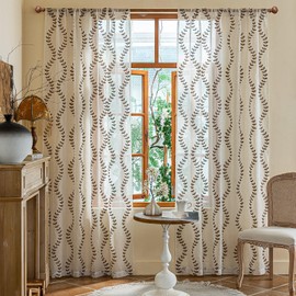 AmHoo 2 Panels Linen Leaf String Floral Embroidered Semi Sheer Curtain Farmhouse Voile Curtains for Living Room Bedroom Window Treatment Brown 52 x 63 Inch