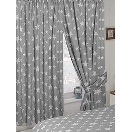 My Home 66" x 72" Stars Grey Curtains With Tie Backs, Pencil Pleat Header Tape, Novelty Kids Children's Design, Slate White