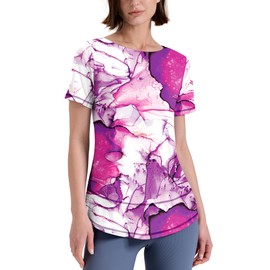 Kistore Women's 2025 Summer Short Sleeve Workout Tops Breathable Cute Gym Fashion Clothes Purple Printed S