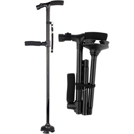 EASYLEE 人気 ステッキ 杖 自立式 折りたたみ 4点杖 軽量 アルミ製 頑丈 高輝度LEDライト 搭載 ダブルハンドル 夜間散歩 伸縮ステッキ 5段階調整可 補助ハンドル 介護つえ 歩行補助杖 倒れない 母/父にプレゼント お年寄り おじいちゃん おばあちゃん プレゼント 敬老の日 電池付き 男女兼用歩行器具85-97cm