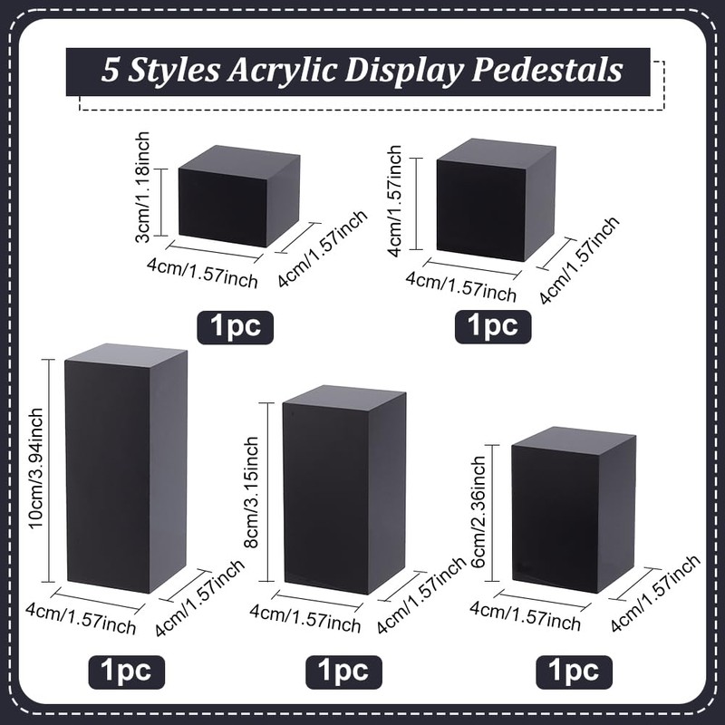 BENECREAT Pack of 5 Black Acrylic Cube Display Block, 3/4/6/8/10