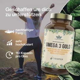 naturalie Omega 3 Gold Premium Fish Oil with 80% Omega 3 Fatty Acids Very Low TOTOX Value Sustainable Catch, Tested for Harmful Substances, 110 Capsules in Brown Glass