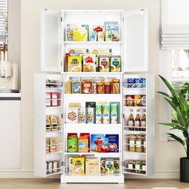 Yusong 64'' Tall Kitchen Storage Cabinet with Doors and Shelves, Free Standing Pantry for Dining Living Room, Grey (White)