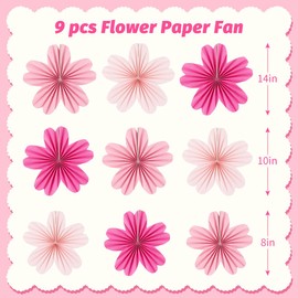 zilue Paper Fans Party Decorations Paper Flowers Decorations for Wall Classroom Floral Backdrop Baby Shower Birthday Party Flower Wall Decor Pack of 9 Pink