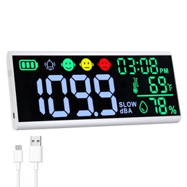 Decibel Meter, 13 Inch Sound Decibel Meter, Display of Time, Temperature, Humidity, Wall Mounted and Desktop Sound Level Meter with Buzzer Alarm Symbols, Noise Meter for