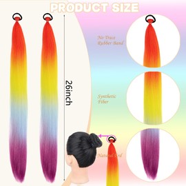Rainbow Braiding Hair Extensions Rave Hair Accessories Colored Braids Synthetic Ombre Braid Ponytail Extensions with Elastic Tie Hairpieces for Women Girls Festival Party 26 Inch 2 Packs
