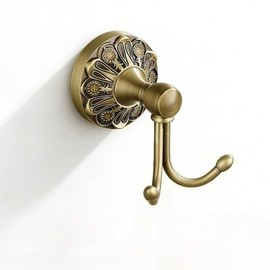 KWQKEM European Vintage Solid Brass Double Hook – Antique Bronze Finish Wall Mounted Coat & Robe Hook with Flower Carving, Heavy Duty Entryway Bathroom Clothes Hanger, 2 Hooks, Screws Included