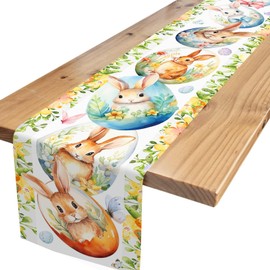 Easter Table Runner,Bunny Flower Table Runner Spring Kitchen Dining Table Decoration for Home Party Decor Indoor Outdoor 13x72 Inch