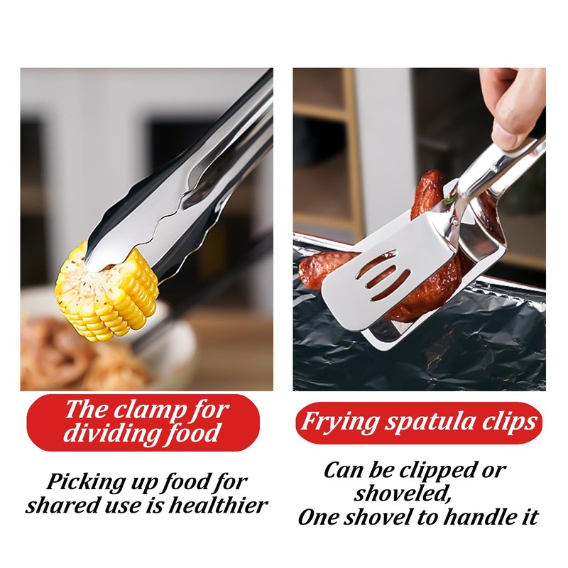 2Pcs Kitchen Cooking Tongs,Grill Clamp Spatula,Multi Functional Grill Clip 2-in-1,304