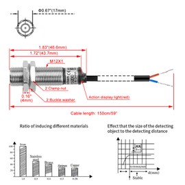 Heschen M12 Inductive Proximity Sensor Switch PR12-2DO Cylindrical Type Detector 2mm DC12-24V 2-Wire NO(Normally Open) CE