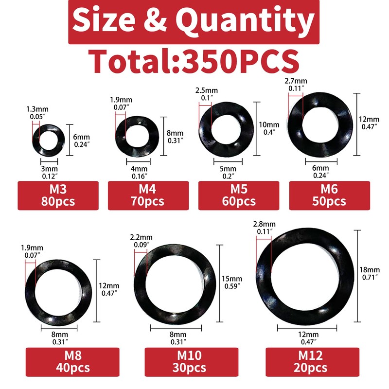 350pcs Spring Wave Washer Gasket Assortment Kit, M3 M4 M5
