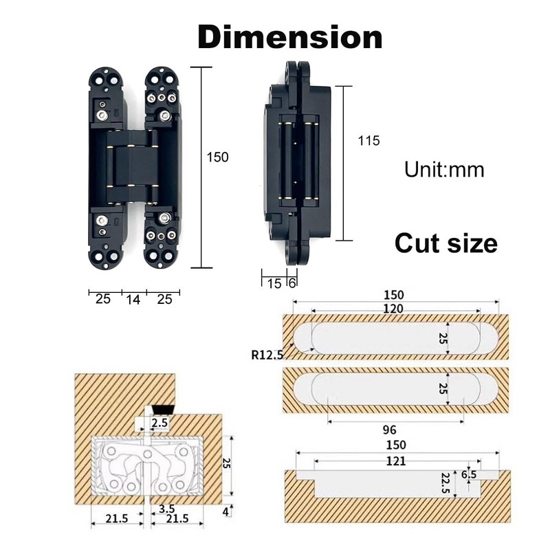 VOLUKA 2 Pack Hidden Door Hinges, 6 inch 3-Way Adjustable