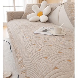 vctops Solid Color Cotton Quilted Sofa Couch Cover Weave Pattern Soft Sectional Couch Covers Embroidery Non-Slip Sofa Slipcover for Dogs, Children, Pets Furniture Protector (Khaki,28"x82")