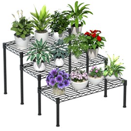 Xiofio 3 Tier Ladder Potted Multiple Plants for Indoor and Outdoor Plant Stands, Adjustable Shelves and Multifunctional Plant Racks suitable for living room balconies and gardens,(Black)