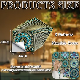 20PCS Moroccan Style Tile Stickers, Vintage Teal Golden Mandala Pattern, Peel and Stick Tiles for Bathroom, Kitchen, Walls & Floors