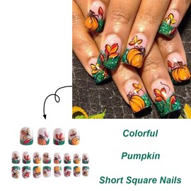 24Pcs Fall Press on Nails Short Square Fake Nails with Green Glitter French Tip Press ons Maple Leaf Pumpkin False Nails Thanksgiving Acrylic Nails Fall Leaves Glue on Nails for Women Fall Nails DIY
