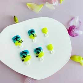 French Tip Press on Toenails Short Square Fake Toe Nails with Designs Palm Tree Glue on Nails Summer Sea Acrylic Toenails Blue Yellow Gradient Artificial Toe Nails for Women 24Pcs