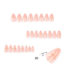 3D Bow Press on Nails Gold Lines Glue on Nails with Design Artificial Medium Almond Fake Nail Glossy False Stick on Nail for Women