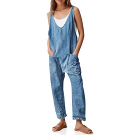 PLNOTME Women's Denim Overall Jumpsuits Sleeveless V Neck Adjustable Straps Jeans Long Pants Rompers