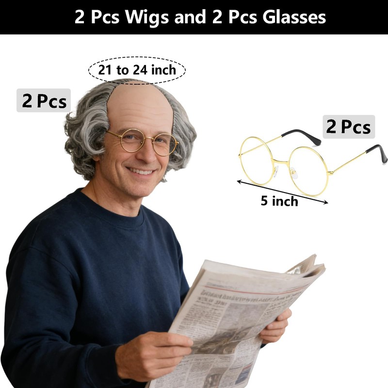 JehaYu 2 Pcs Wigs with 2 Pcs Glasses, Wig Men