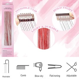 Hair Tinsel 12 Pcs Clip in Hair Tinsel Kit for Girls 22 Inch Glitter Fairy Tinsel Hair Extensions Colorful Heat Resistant Party Festival Accessories for Women Kids (red)
